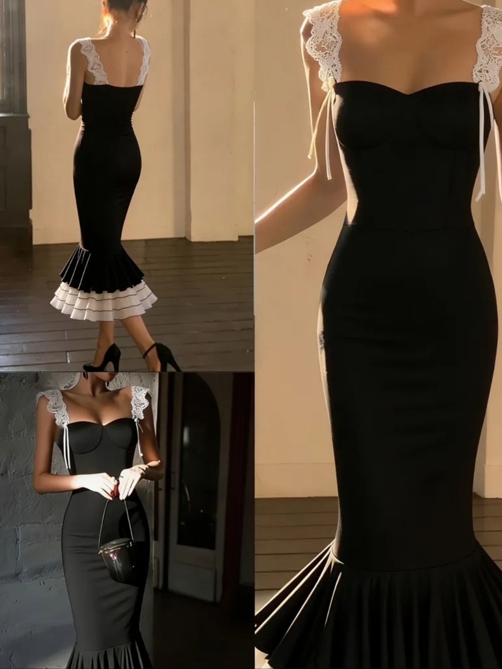 Elegant Black Maxi Dress with White Lace Straps - Picture 3 of 5
